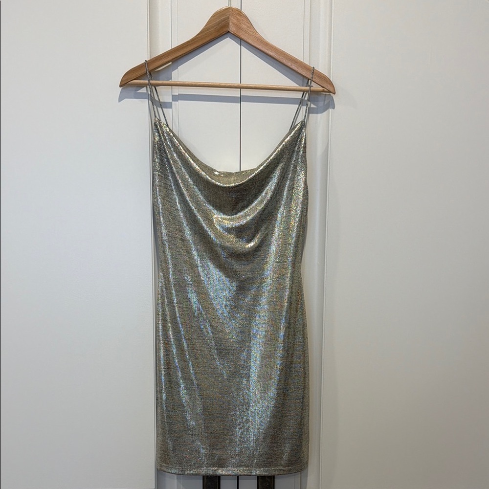 Metallic Silver Cowl Neck Slip Dress - Women's
